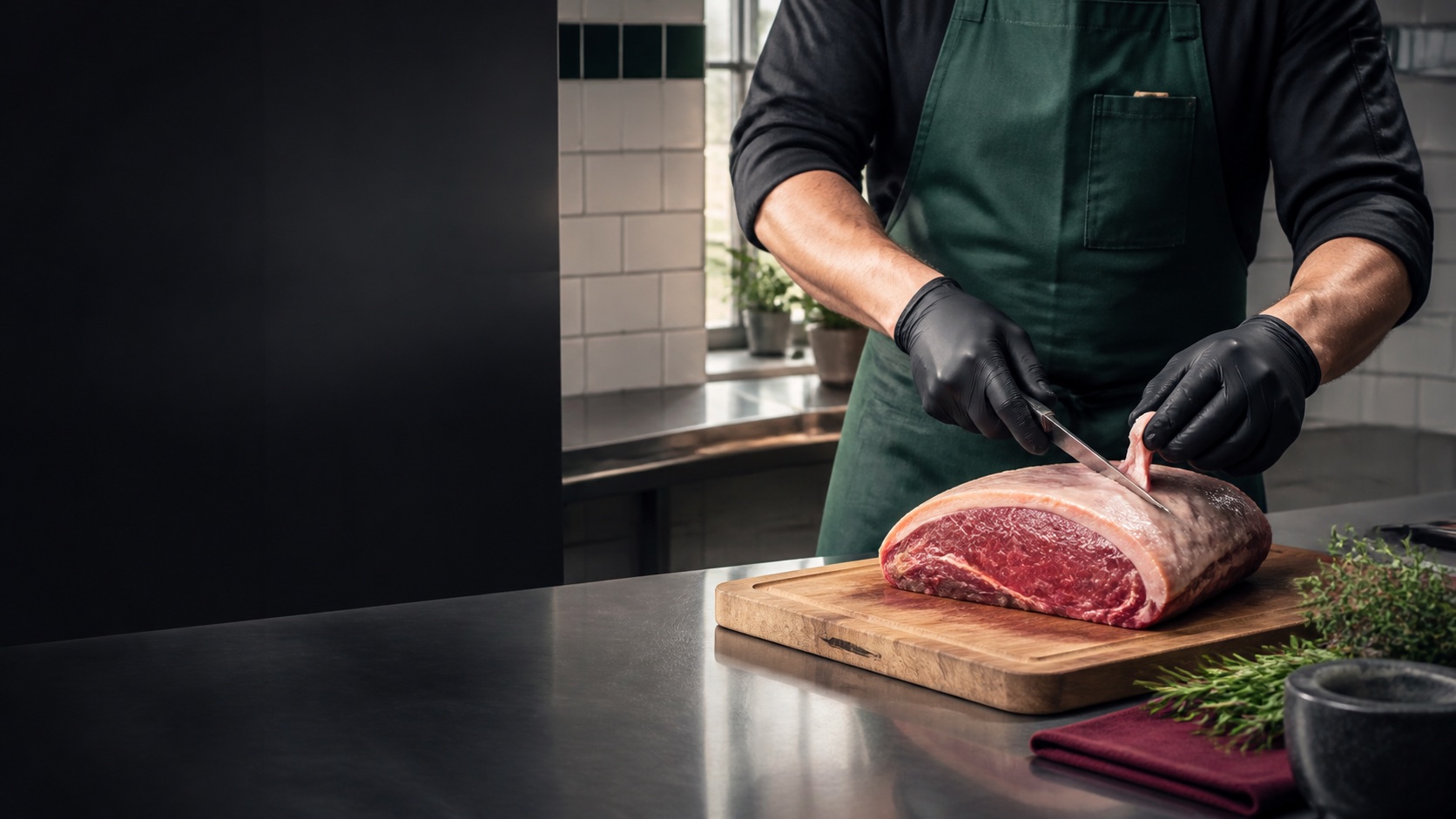 Un boucher en tablier découpe une pièce de viande sur une planche, dans l’atelier.
